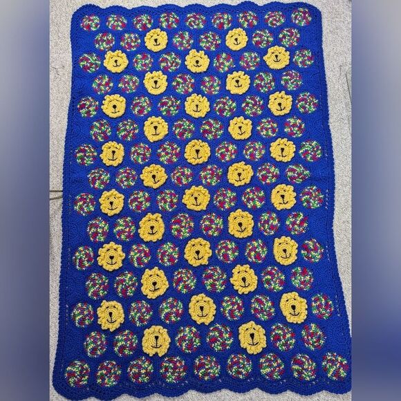 Handmade Crochet Lion Afghan Blanket Colorful Blue Yellow Baby Throw 50x60 Nurse - Picture 1 of 8